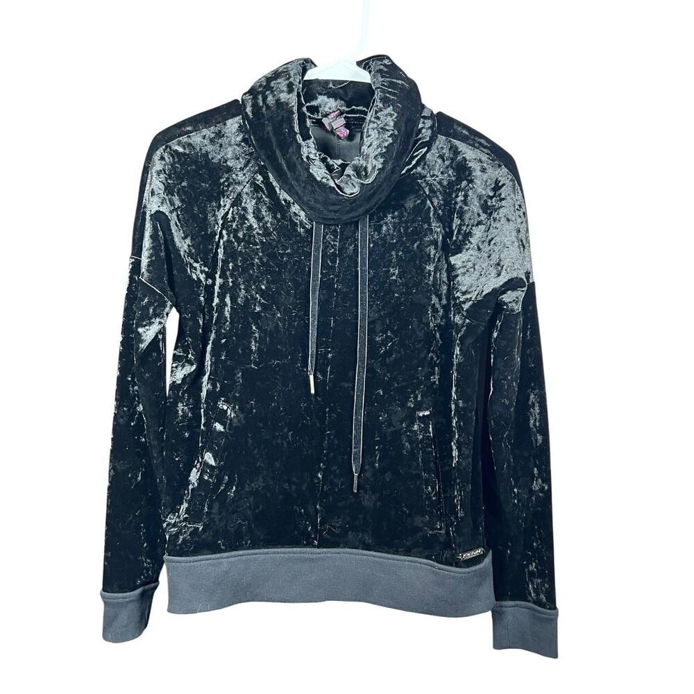 Betsey Johnson Crushed Velvet‎ Hoodie XS Black Grunge Y2K Whimsigoth Holiday